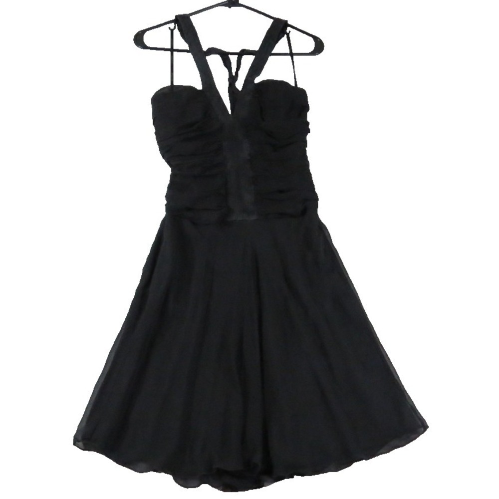 90's Bebe Cocktail Dress Women 2 Black Chiffon Ruched Halter‎ V Neck Elegant USA